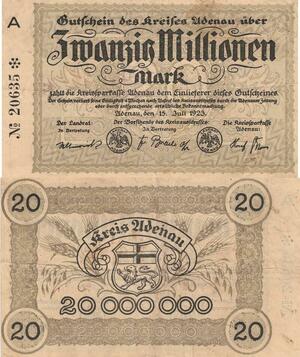 Q4509 Banknote Germany Kreis Adenau 20 Millionen Mark 1923 Notgeld AU