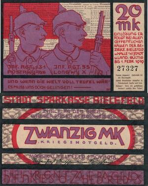 Q4511 Banknote Germany Bielefeld 20 Mark 1918 Kriesgnotgeld - Make Offer