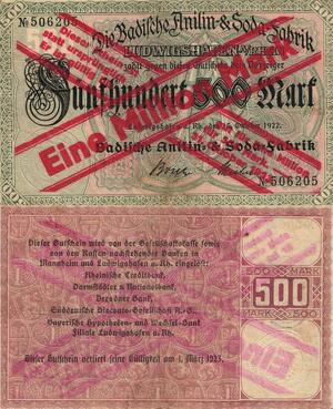 Q4515 Banknote Germany Ludwigshafen 500 / 1 Million Mark 1923 Soda Fabrik