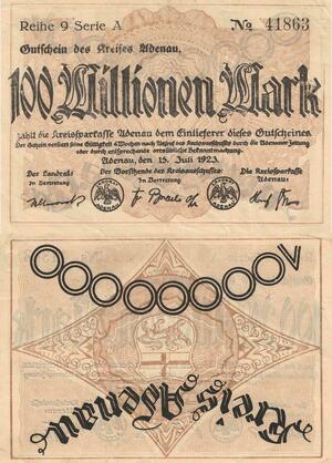 Q4517 Banknote Germany Adenau 100 Millionen Mark 1923 Notgeld  - Make Offer