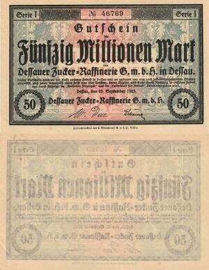 Q4520 Banknote Germany  Dessau 50 Millionen Mark Raffinerie 1923 Notgeld UNC