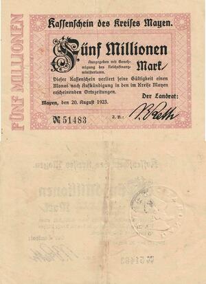 Q4521 Banknote Germany Mayen 5 Millionen Mark 1923 Notgeld AU - Make Offer