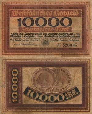 Q4526 Banknote Germany Münster 10000 Mark Landesbank Westfalen 1922 Notgeld 