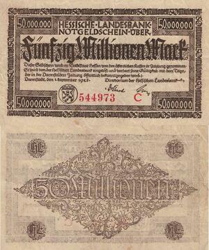 Q4528 Banknote Germany Darmstadt 50 Millionen Mark Hessische Landesbank 1923