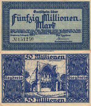 Q4533 Banknote Germany Siegburg 50 Millionen Mark 1923 Notgeld - Make Offer