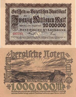 Q4536 Banknote Germany München 20 Millionen Mark Staatsbank 1923 Notgeld UNC