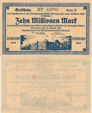 Q4537 Banknote Germany Chemnitz 10 Millionen Mark 1923 Notgeld AU - Make Offer