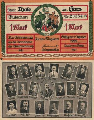 Q4538 Banknote Germany Thale am Harz 1 Mark 1921 Notgeld AU - Make Offer