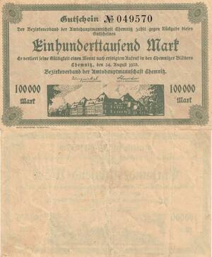 Q4539 Banknote Germany Chemnitz 100000 Mark 1923 Notgeld - Make Offer