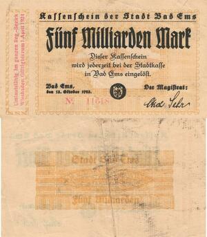 Q4540 Banknote Germany Bad Ems 5 Milliarden Mark 1923 - Make Offer