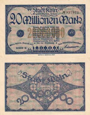Q4550 Banknote Germany Köln Stadt 20 Millionen Mark 1923 Notgeld AU+