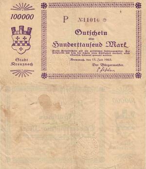 Q4552 Banknote Germany Bad Kreuznach 100000 Mark 1923 Notgeld - Make Offer