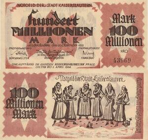 Q4556 Banknote Germany Kaiserslautern Stadt 100 Millionen Mark 1923 Notgeld AU
