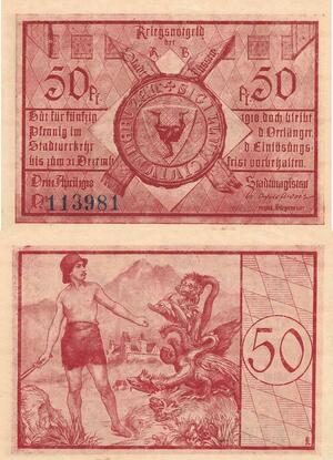 Q4560 Banknote Germany Fuessen 50 Pfenning Hercules Hydra 1918 UNC - Make Offer