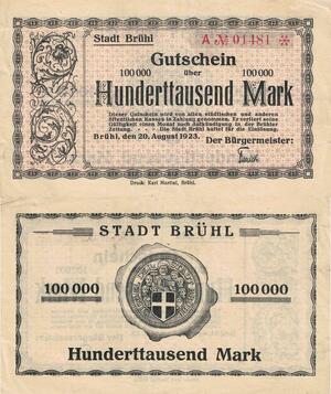 Q4564 Banknote Germany Brühl Stadt 100000 Mark 1923 Notgeld - Make Offer