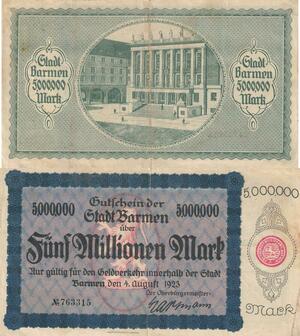 Q4578 Banknote Germany Wuppertal Barmen 5 Millionen Mark 1923 Notgeld - Offer