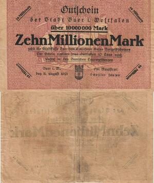 Q4580 Banknote Germany Buer 10 Millionen Mark 1923 Notgeld Off centered - Offer