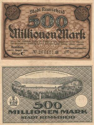 Q4582 Banknote Germany Remscheid Talsperre 500 Millionen Mark 1923 Notgeld 