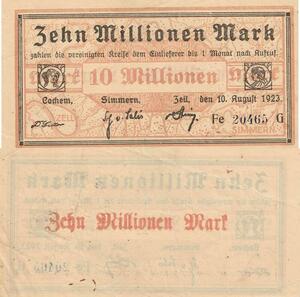 Q4583 Banknote Germany Cochem Simmern Zell 10 Millionen Mark 1923 - Make Offer