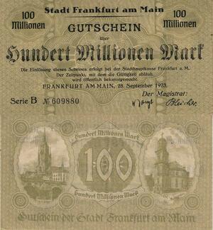 Q4586 Banknote Germany Frankfurt Am Main 100 Millionen Mark 1923 Notgeld AU