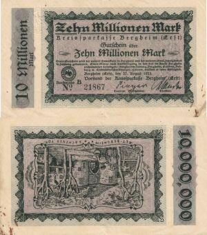 Q4587 Banknote Germany Bergheim 10 Millionen Mark 1923 Notgeld - Make Offer