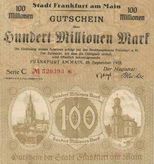 Q4588 Banknote Germany Frankfurt am Main 100 Millionen Mark 1923 Notgeld 