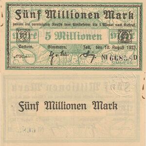 Q4592 Banknote Germany Simmern 5 Millionen Mark 1923 Notgeld UNC Make Offer