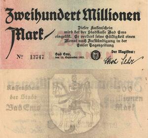 Q4597 Banknote Germany Bad Ems 200 Millionen Mark 1923 AU - Make Offer