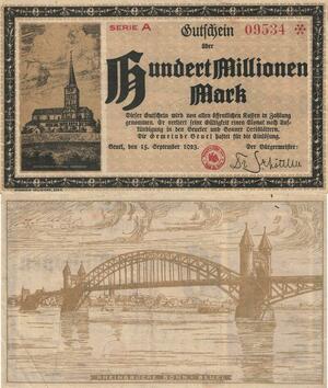 Q4599 Banknote Germany Beuel Rheinbrücke 100 Millionen Mark 1923 Notgeld 