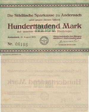 Q4602 Banknote Germany Andernach 100000 Mark Sparkasse 1923 AU - Make Offer