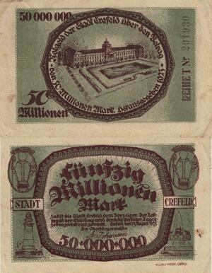 Q4607 Banknote Germany Krefeld 50 Millionen Mark 1923 Notgeld - Make Offer