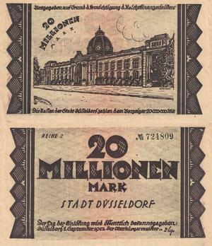 Q4613 Banknote Germany Düsseldorf 20 Millionen Mark Stadt 1923 UNC - Offer