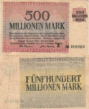 Q4616 Banknote Germany Hamborn 500 Millionen Mark 1923 Notgeld - Make Offer 
