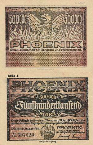 Q4621 Banknote Germany Düsseldorf 500000 Mark Phoenix Bergbau 1923 Notgeld UNC