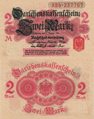 Q4636 Banknote Germany Berlin 2 Mark Eagles Darlehenskassenschein 1914 AU