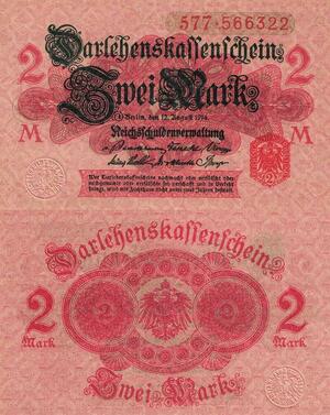 Q4637 Banknote Germany Berlin 2 Mark Eagles Darlehenskassenschein 1914 UNC 