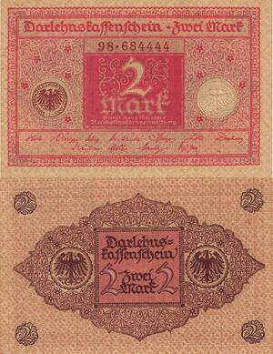 Q4639 Banknote Germany Berlin 2 Mark Eagles Darlehenskassenschein 1920 UNC 