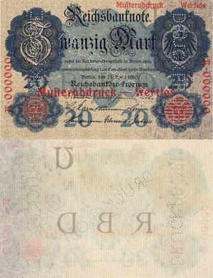 Q4651 Rare Banknote Germany Berlin 20 Mark Druck Probe 0000000 1910 UNC - Offer