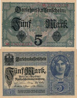Q4654 Banknote Germany Berlin 5 Marks Eagle Darlehenskassenschein 1917 AU