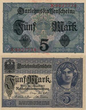 Q4655 Banknote Germany Berlin 5 Marks Eagle Darlehenskassenschein 1917 AU
