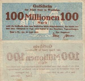 Q4676 Banknote Germany Buer Westfalen 100 Millionen Mark 1923 Notgeld 