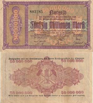 Q4677 Banknote Germany Recklinghausen Buer 50 Millionen Mark 1923 Notgeld 