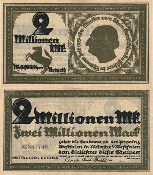 Q4690 Banknote Germany Münster 2 Millionen Mark Landesbank Provinz 1923 Notgeld 