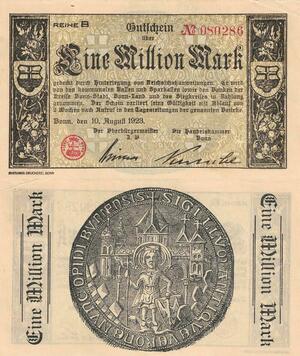 Q4695 Banknote Germany Bonn 1 Million Mark 1923 Notgeld AU + - Make Offer