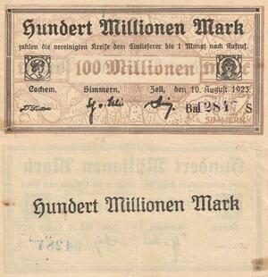 Q4696 Banknote Germany Cochem Simmern Zell 100 Millionen Mark 1923 - Make Offer