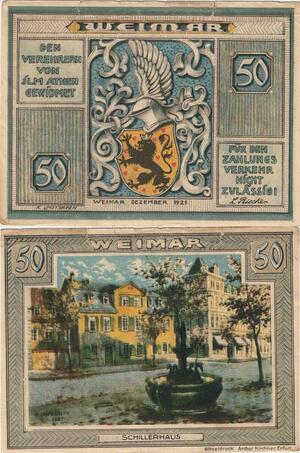 Q4701 Banknote Germany Schillerhaus Weimar 50 Mark 1921 Notgeld - Make Offer