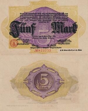Q4702 Banknote Germany Altona Stadt 5 Marks 1918 AU - Make Offer