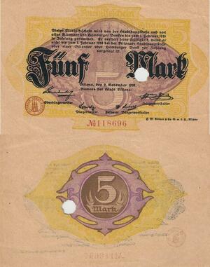 Q4703 Banknote Germany Altona Stadt 5 Marks 1918 AU - Make Offer