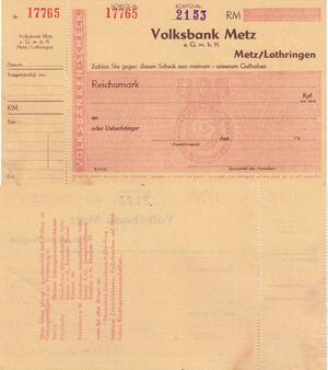 Q4708 Rare Banknote German Metz Bank Check Volksbank Reichsmark 1871-1919 AU