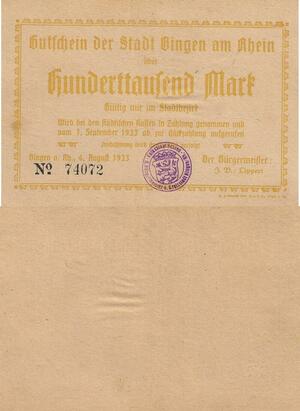 Q4709 Banknote Germany Bingen Am Rhein Stadt 100000 Mark 1923 Notgeld AU